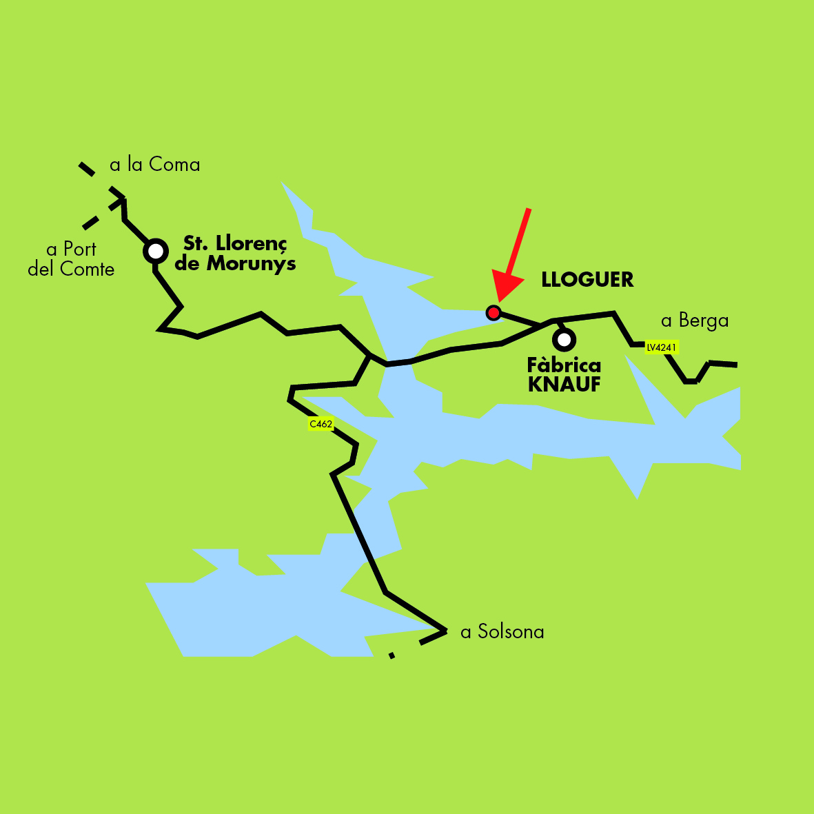 Mapa d'accés al lloguer de kayak de la Llosa del Cavall — Platja dels Estevats, C-462 km 20.8, sota la Fàbrica Knauf